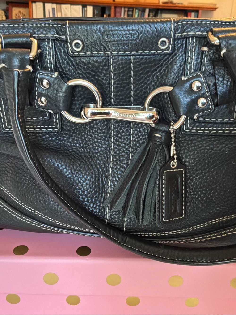 Coach Black Pebbled Leather Shoulder Bag with Tassel and Silver Hardware